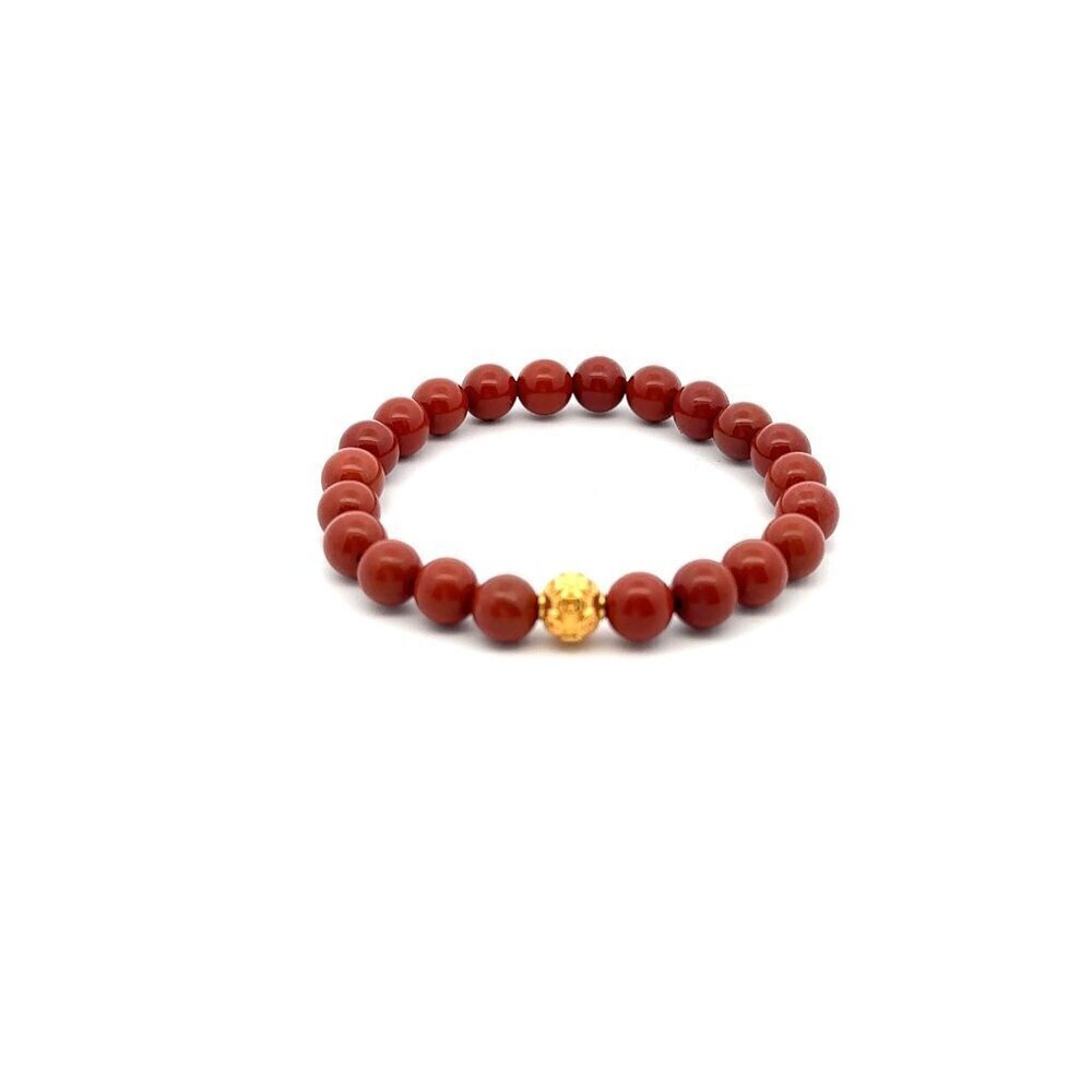 18K Gold Money Coin Ball Lucky Bracelet Gemstones Red Jasper 6mm Size 5" XXS